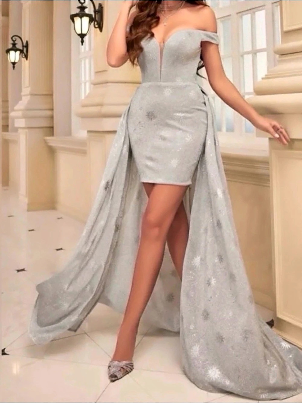 Silver Floral High-Low Formal Dress - Picture 3 of 4